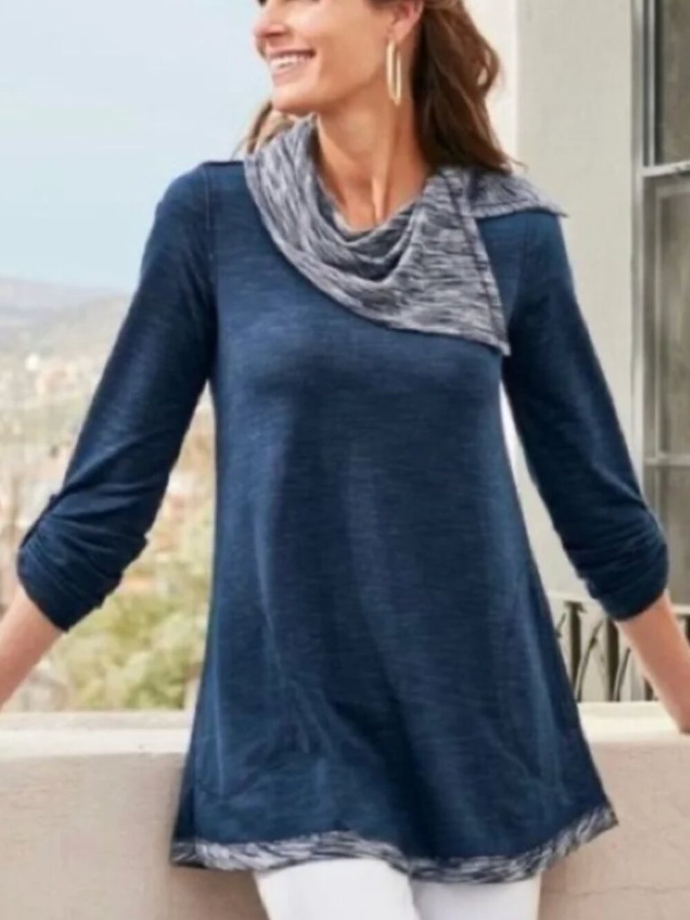 SOFT SURROUNDINGS Weekending Cowl Neck Pullover Navy Blue 3/4 Roll Tab Sleeve M